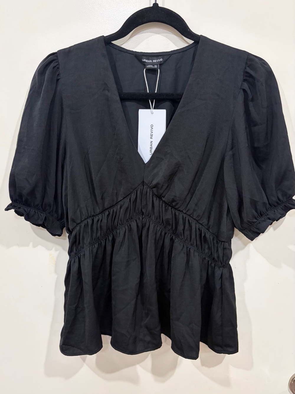 URBAN REVIVO Black V-Neck Puff Sleeve Top Size 8 (fits like 6)